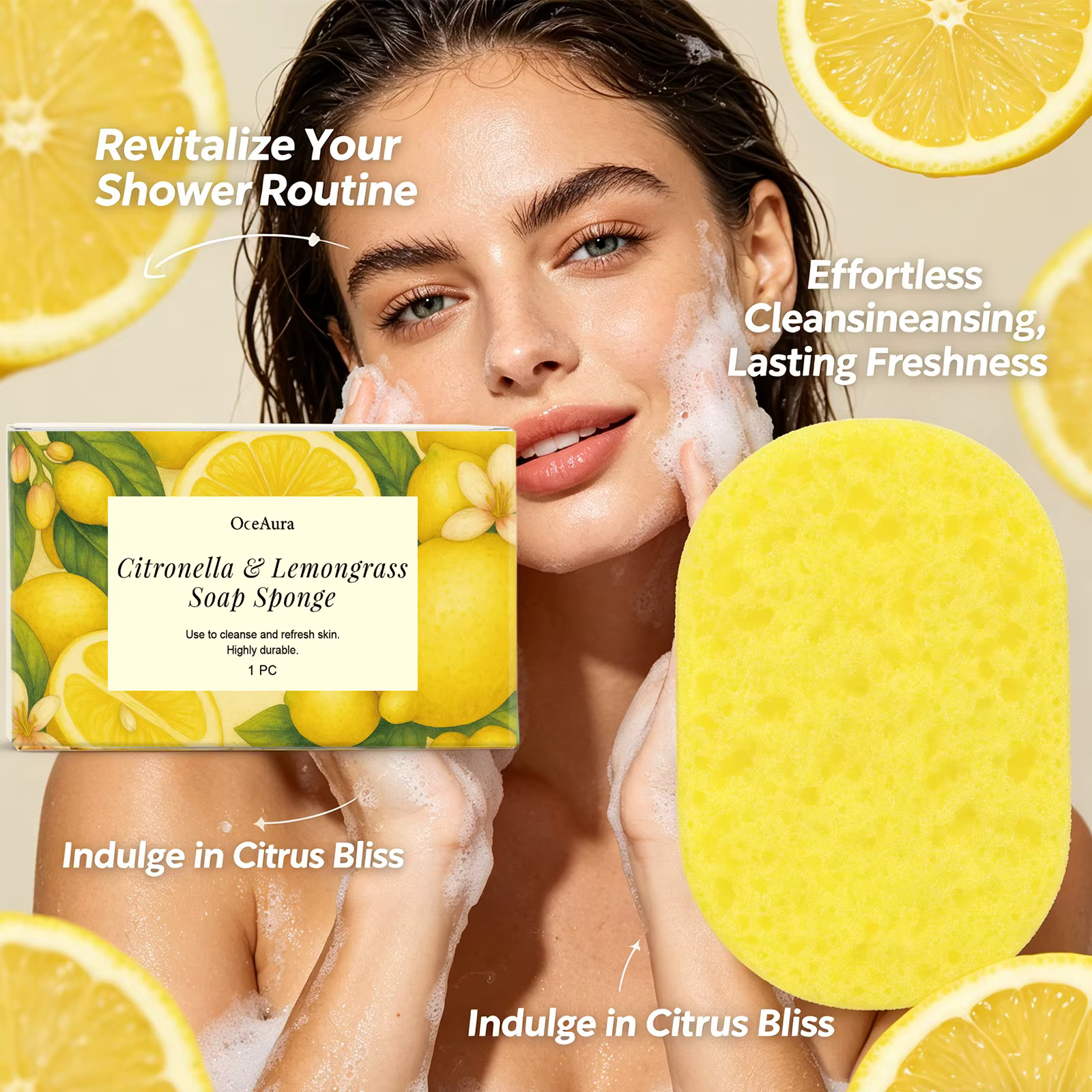 Éponge de bain exfoliante à la citronnelle et au citron pour le contrôle du sébum