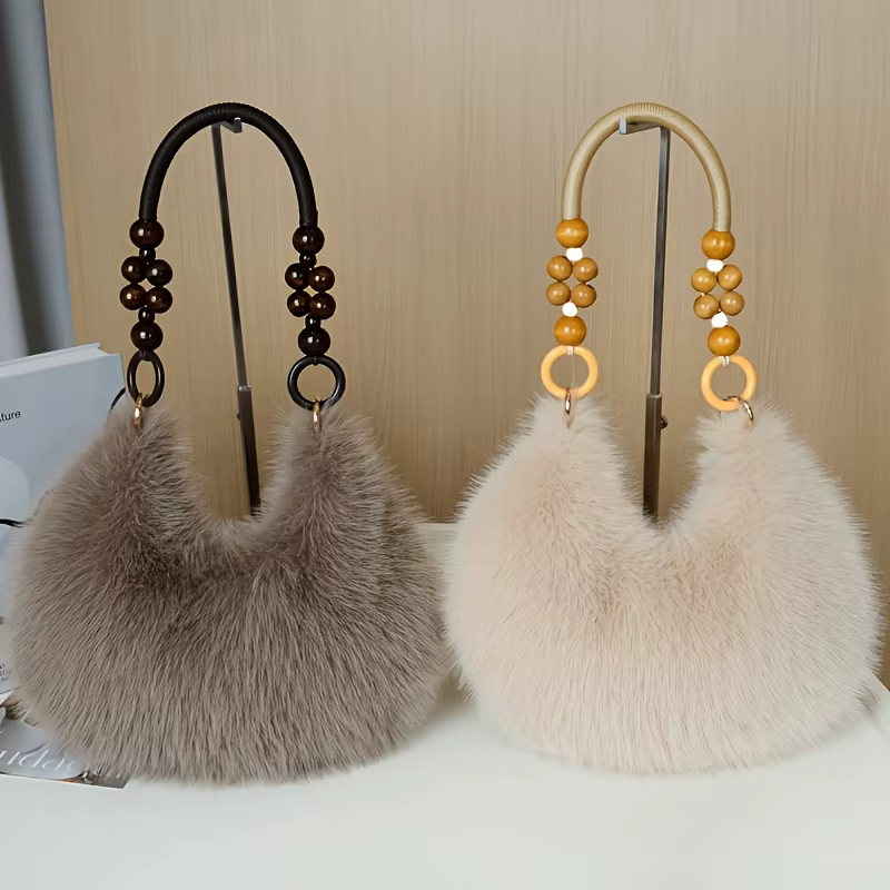 Faux sac à main pour femme, sac fourre-tout en peluche avec sangle accentuée de perles, sacs à main élégants à fermeture éclair, sacs à bandoulière pour tous les jours