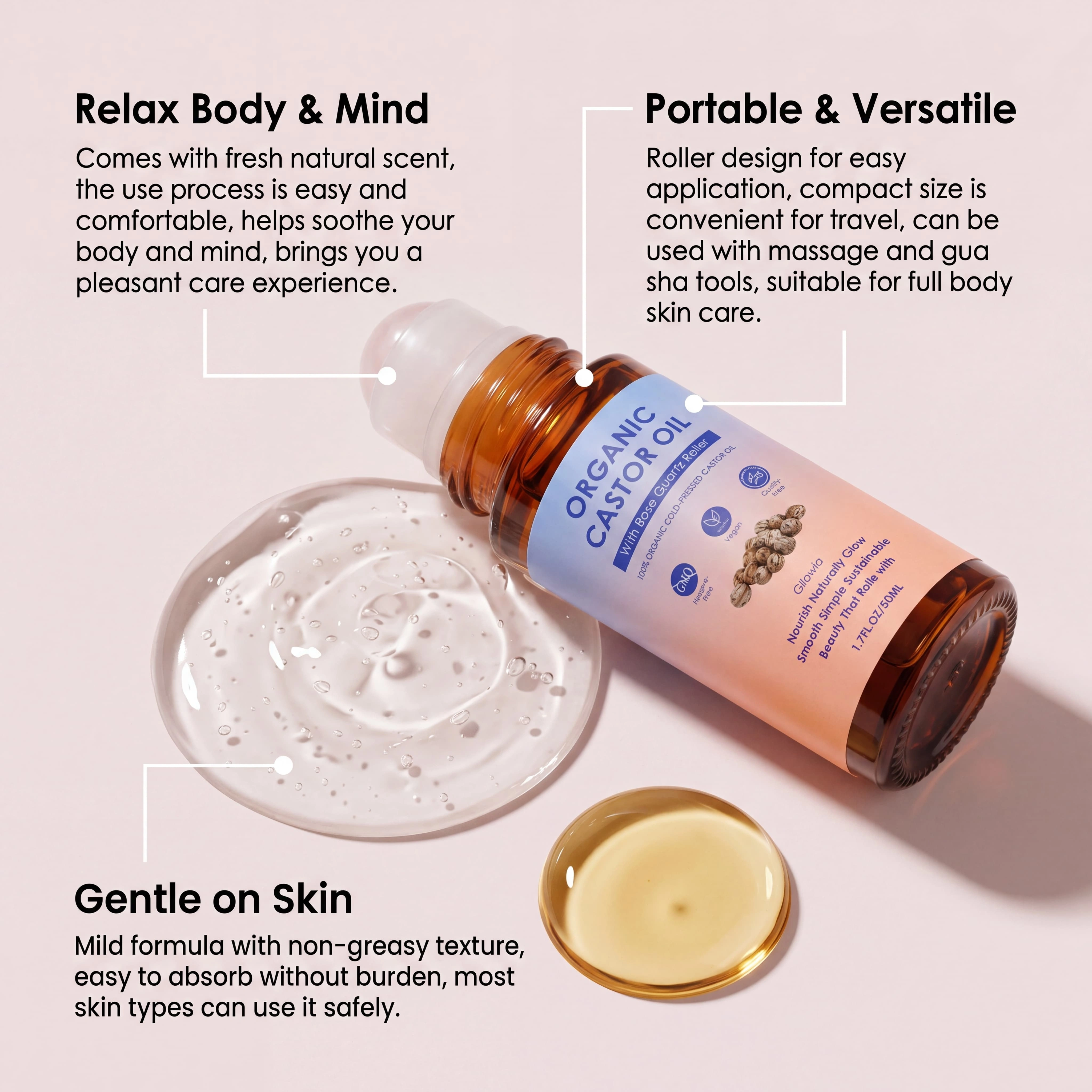 Huile de ricin biologique avec applicateur à bille en quartz rose
