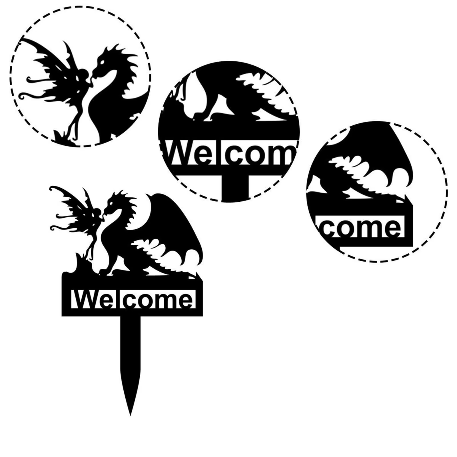 Logo de bienvenue de jardin de dinosaure d'elfe, logo de jardin de dinosaure en métal, décoration d'horticulture de pelouse