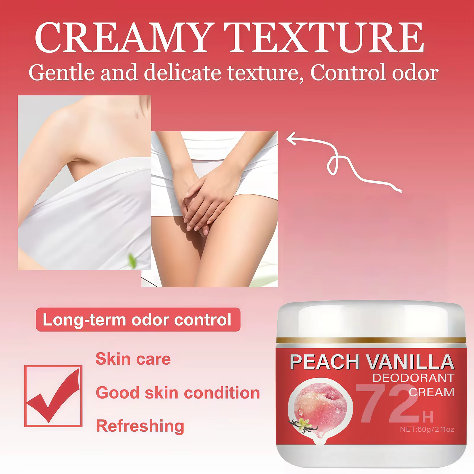 Crème déodorante pour les aisselles Peach - Fraîcheur longue durée 72 heures