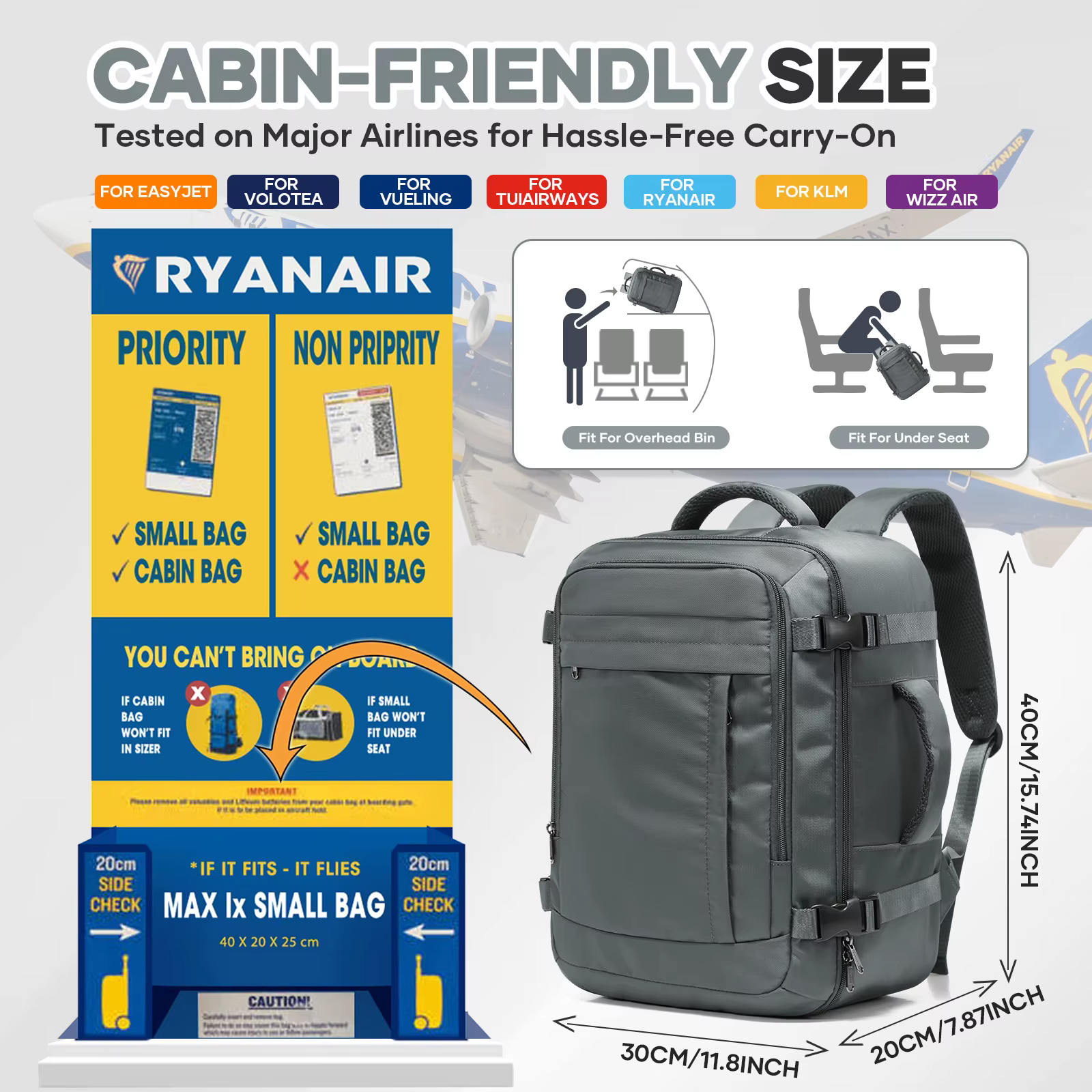 Ryanair sacs de cabine 40x30x20 sac à dos de voyage sous le siège, sac de mouche de cabine, sac à dos extérieur stockage de rentrée scolaire sac à dos pour ordinateur portable