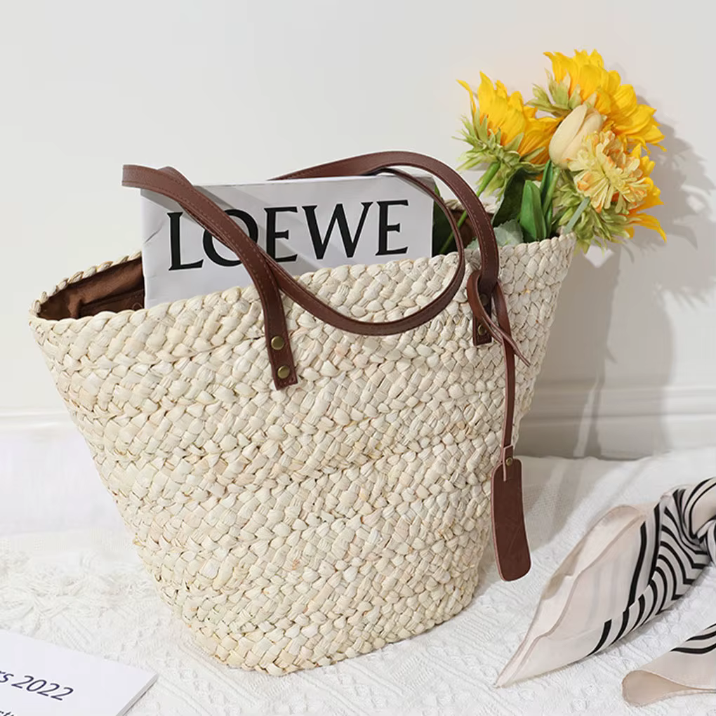 Sac à Main Confortable en Cuir Souple et Paille, Pratique, de Grande Capacité, Comme Montré