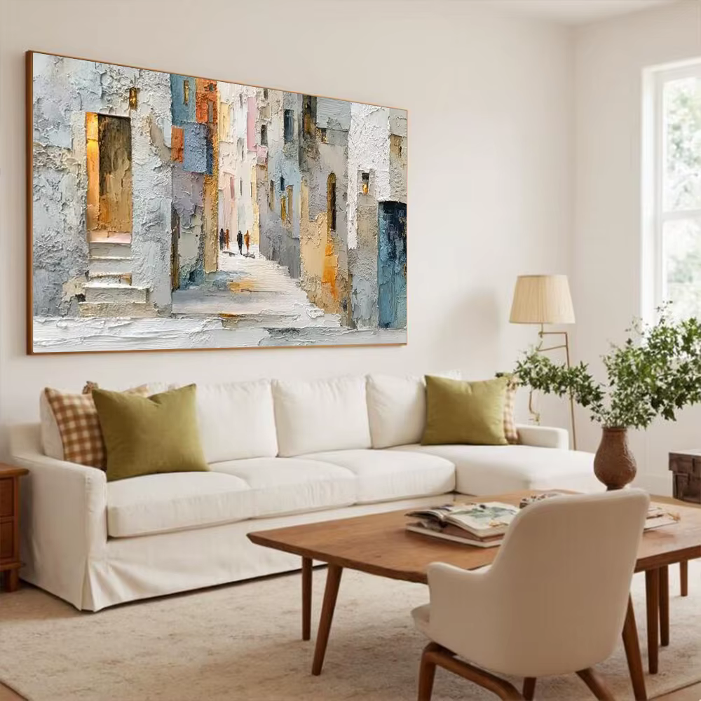 Peinture à l'huile abstraite 100% faite à la main sur toile, image de paysage du vieux quartier, art mural, décoration murale pour salon