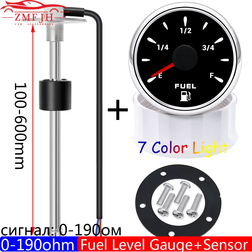 Jauge de niveau de carburant 7 couleurs, 2 "52mm + capteur de niveau de flotteur de carburant 0-190 Ohm pour camping-car marin, indicateur de niveau de réservoir d'huile de voiture 9-32V