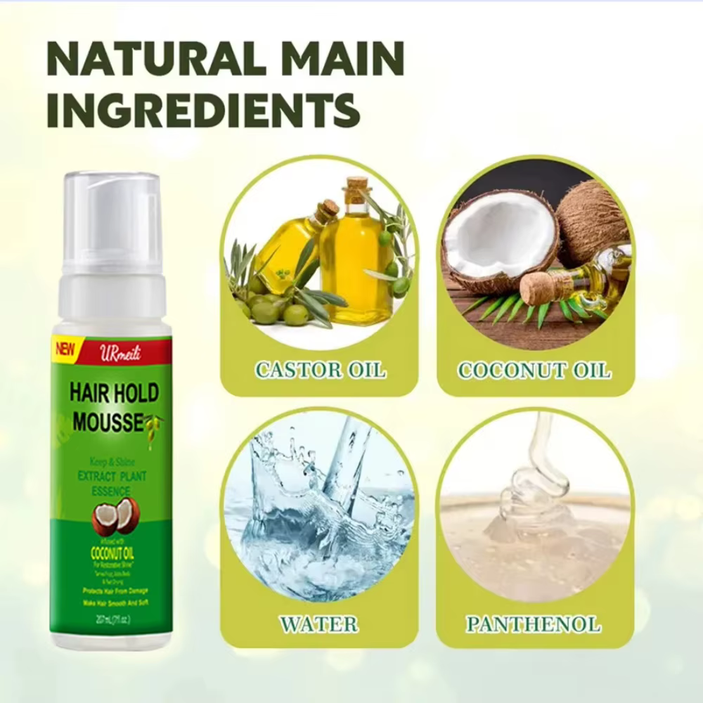 Mousse pour cheveux bouclés (207ml) pour perruques, huile d'olive à forte tenue, Mousse coiffante Anti-frisottis pour coiffer les cheveux des femmes