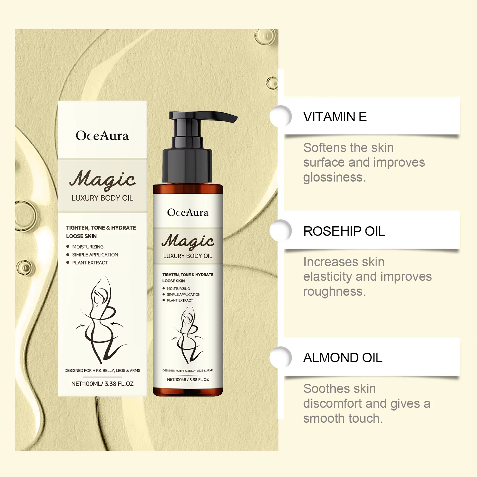Huile Corporelle Luxe Magique Hydratation Profonde Peau Éclatante Lissante Raffermissante Éclaircissante Améliore le