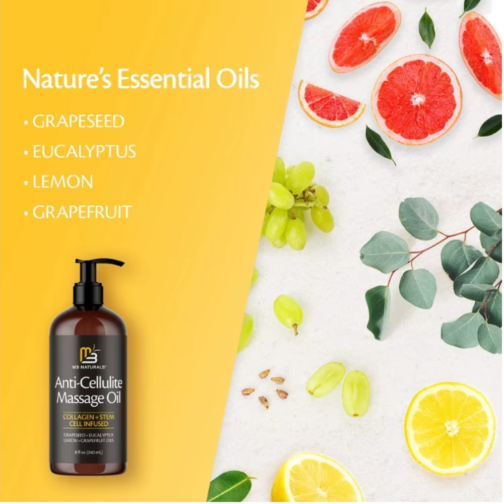 Huile de massage anti-cellulite M3 Naturals 240ml Collagène + Pépins de raisin Réduit la texture de la peau d'orange