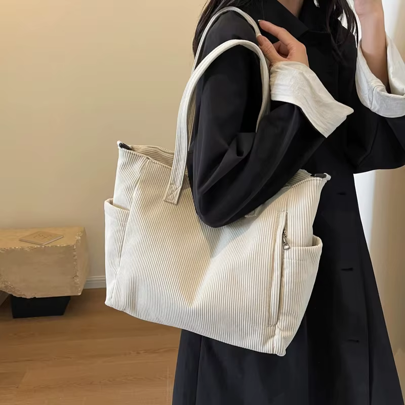 Sac à main en velours rayé à la mode, sac à bandoulière en velours côtelé de Style Simple, couleur unie, grande capacité, fourre-tout pour les déplacements