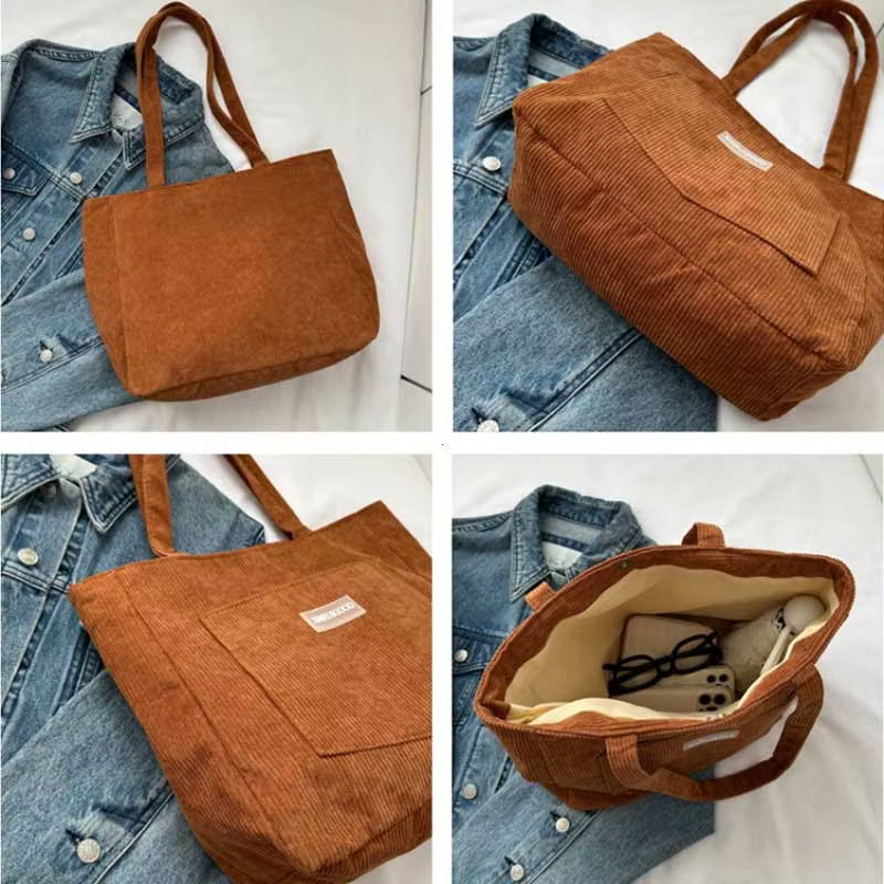 Sac à bandoulière De grande capacité sac fourre-tout en velours côtelé tendance sac à main pour dames De couleur unie avec poche avant sac à main femme Bolsas De Mujer