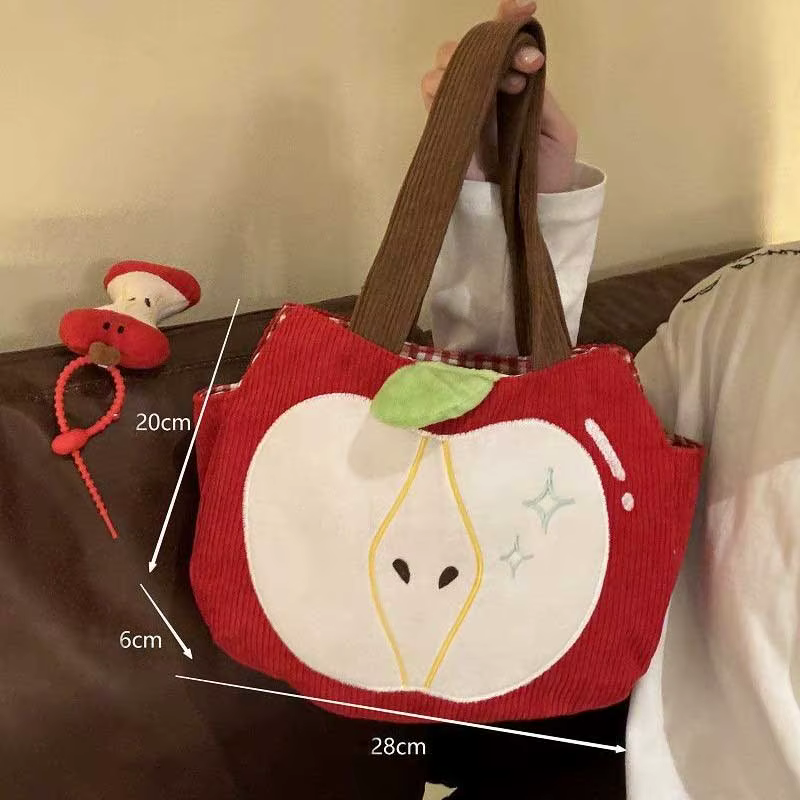 Sac à main pomme rouge créatif et mignon en velours côtelé, sac à bandoulière élégant en toile pour les sorties avec pendentif pomme, sac à bandoulière décontracté et polyvalent