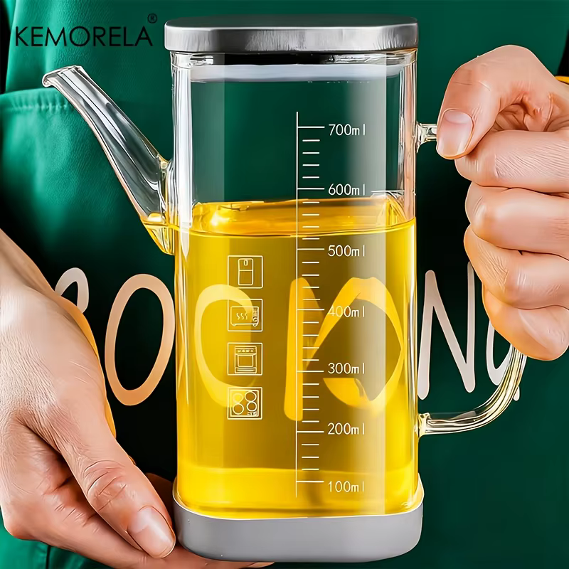 KEMORELA 1/2 pièces 700ml bouteille distributrice d'huile d'olive en verre avec marquages de mesure et verseur anti-goutte/fuite pour la cuisson des grillades