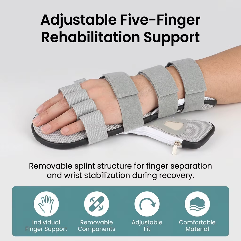 Attelle orthopédique à cinq doigts amovible avec sangle de soutien du poignet pour la rééducation et l'usage quotidien