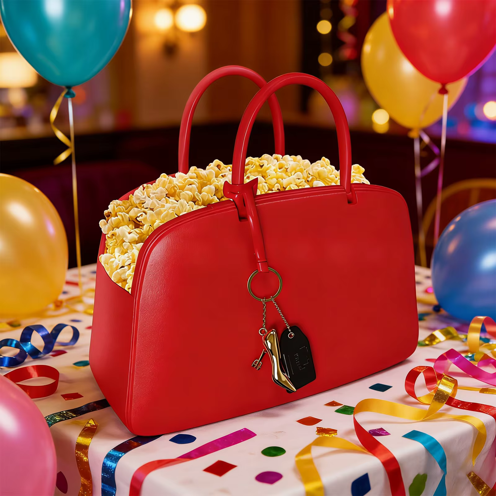 Sac à main rouge en cuir PU pour femme, modèle seau à popcorn avec pendentif, sac fourre-tout pour soirées cinéma et fêtes, idéal pour transporter des bonbons