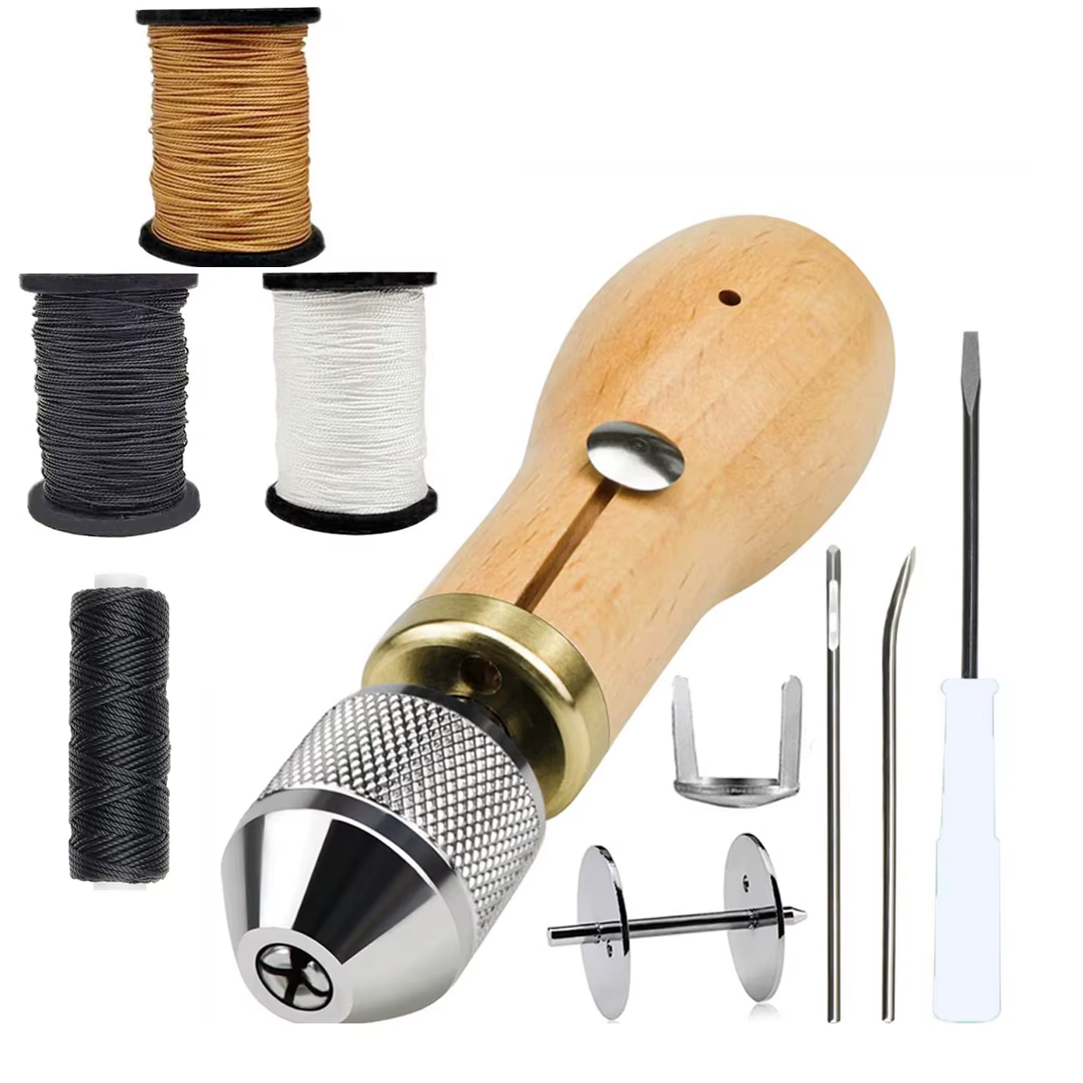 Kit de Machine à Coudre pour le Cuir, avec Deux Les Grosses, Trois Fils de Alicante en Noir, Blanc et Marron, pour Bricolage