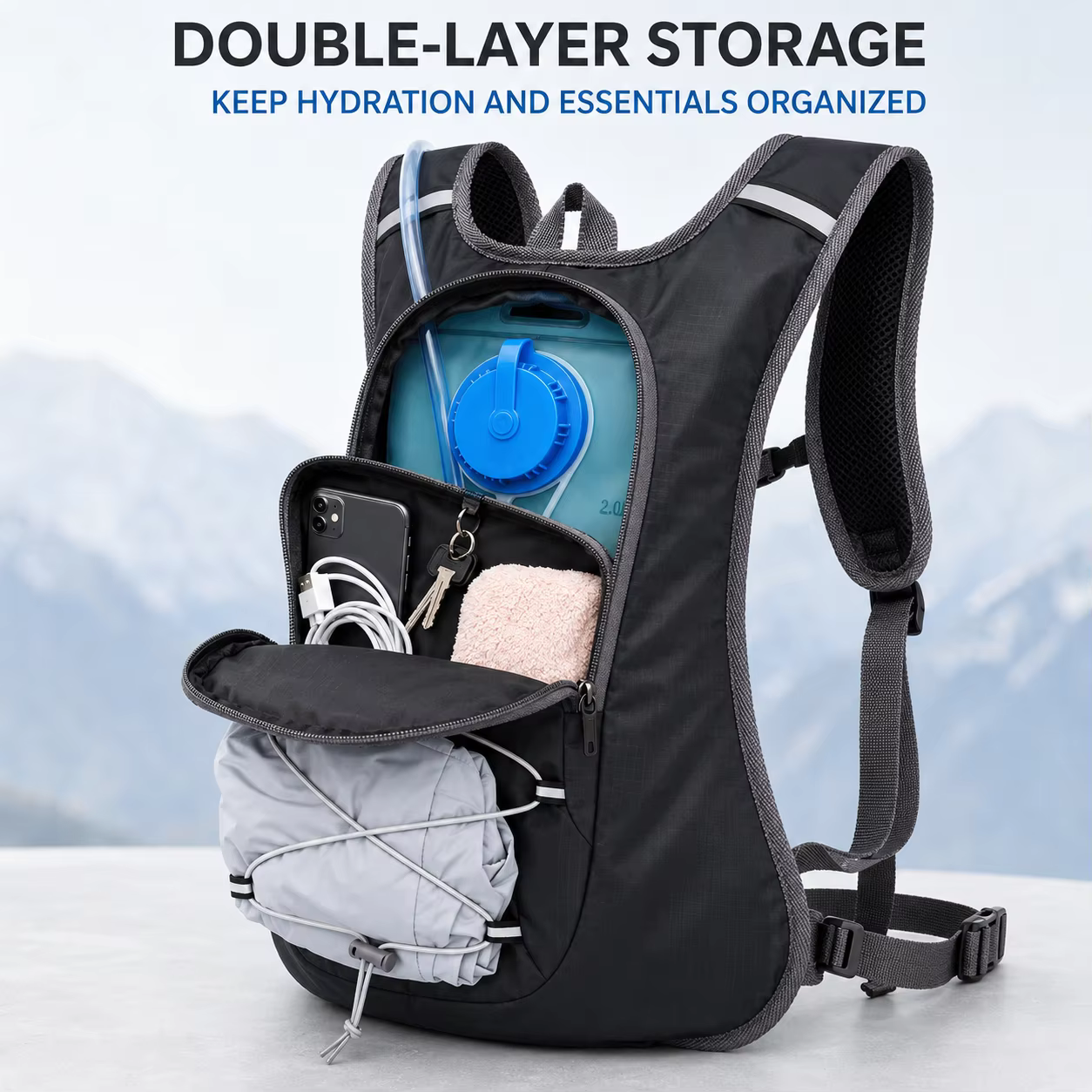Sac à dos d'hydratation avec poche à eau de 2 L, sac de cyclisme léger en nylon réfléchissant pour la course à pied, la randonnée, le camping, les sports de plein air
