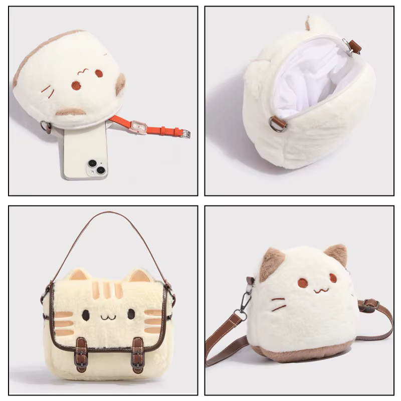 Sac à main chat en peluche mignon, sac à dos fait à la main avec Animal en peluche, sac à bandoulière de grande capacité