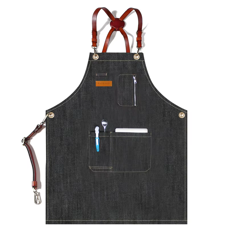 Tablier de chef en denim avec poche zippée, logo personnalisé, cuisine, restaurant, peinture, è, magasin de thé au lait, cou suspendu, travail