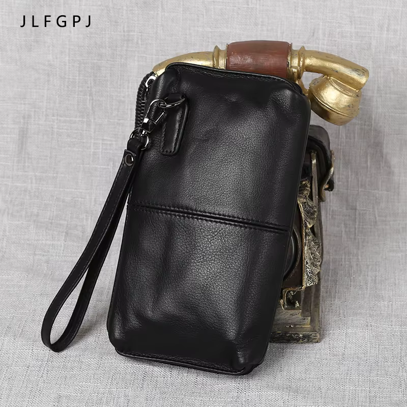 Sac à main en cuir véritable pour hommes, en cuir souple, rétro décontracté, première couche en peau de vache, Long portefeuille avec fermeture éclair de grande capacité, sac pour téléphone
