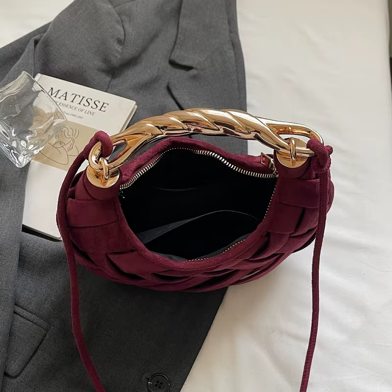 Sac Demi-Lune Rouge Vin, Pochette Tendance pour Femme, Nouveau Sac à Main Tressé de Créateur 2026, Petit Sac Bandoulière Semicirculaire Type Selle, bolsas