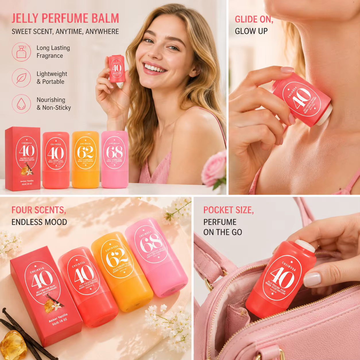 Baume Parfumé Solide Jelly 3 Senteurs 40 Ambre Vanille 62 Amande Caramel 68 Litchi Fruité Longue Durée Portable
