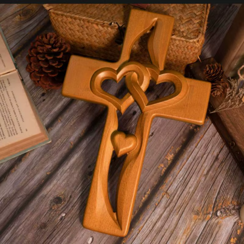 Décoration murale en bois rustique avec croix de cœurs entrelacés sculptée à la main, sculpture murale religieuse en bois à double cœurs entrelacés