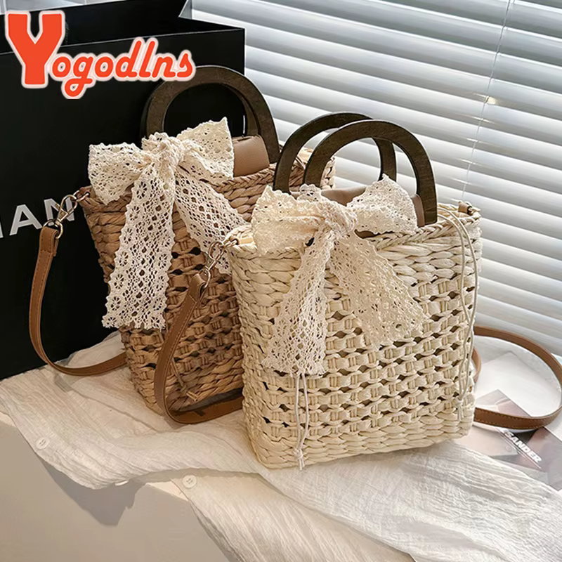 Sac à main en paille tissé à la main pour femmes, petit sac carré, forme de dentelle, nœud en rotin, capacité décontractée, plage initiée, sac à bandoulière