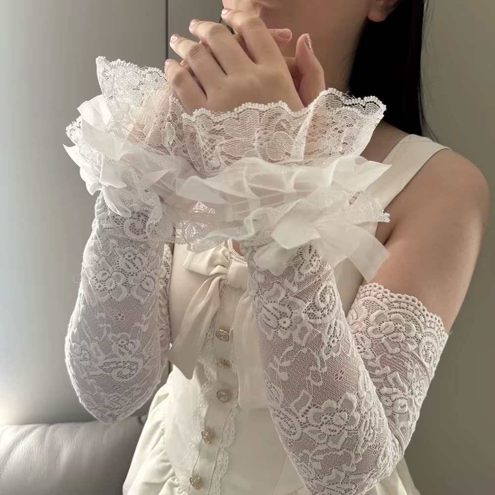 Gants longs pour femmes, style Lolita, pour mariée, élégants, chauffe-poignets, en dentelle, sans doigts, pour cosplay et fête