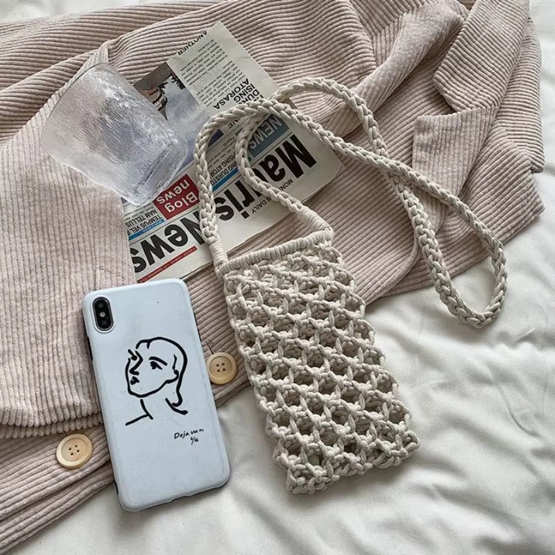Sac bandoulière léger en crochet tressé ajouré de couleur unie pour femme, petit sac à main pour téléphone portable