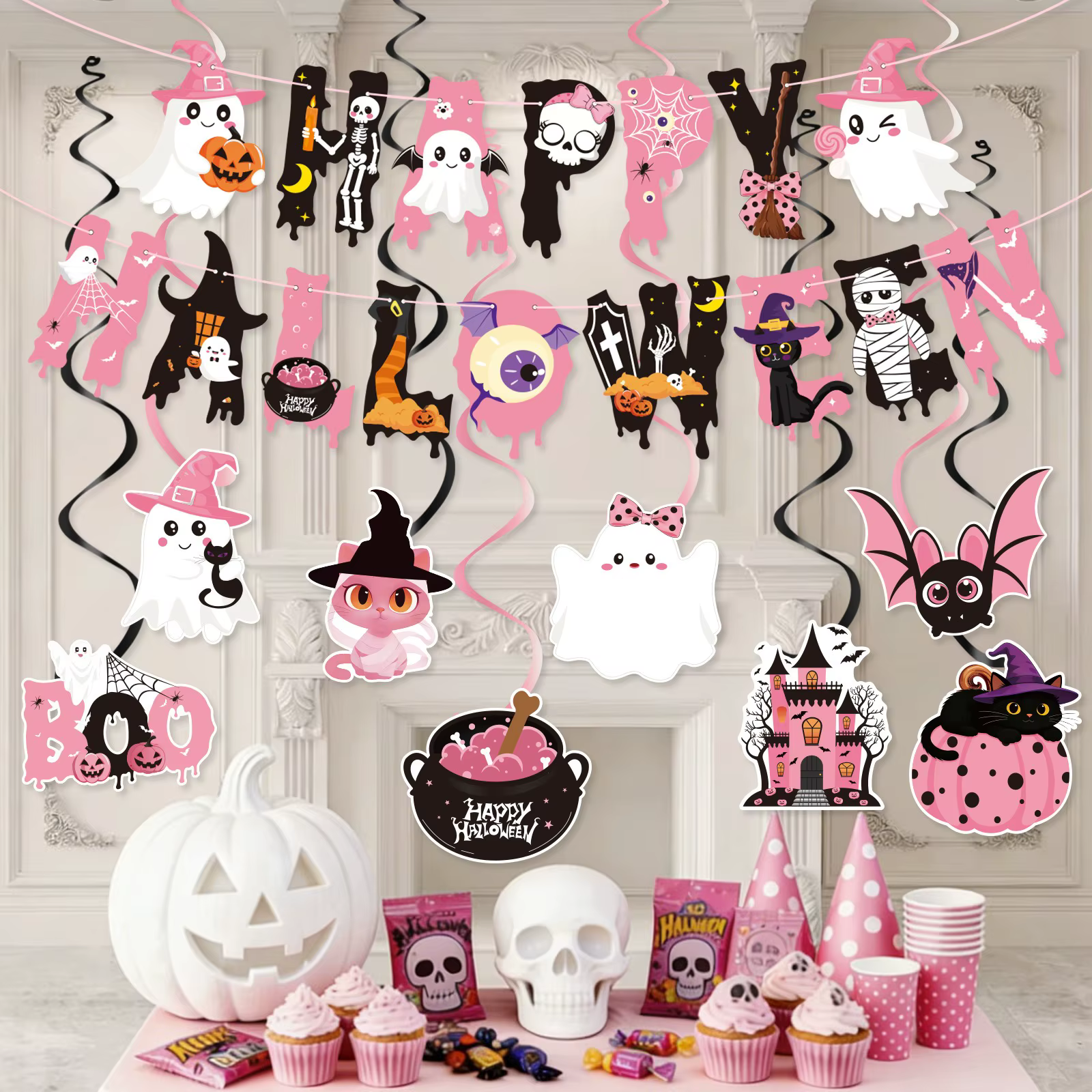 Joyeux Halloween : Décoration de maison sur le thème rose d'Halloween, arrangement de pendentifs spirale fantôme et sorcière, décoration d'Halloween et de Noël
