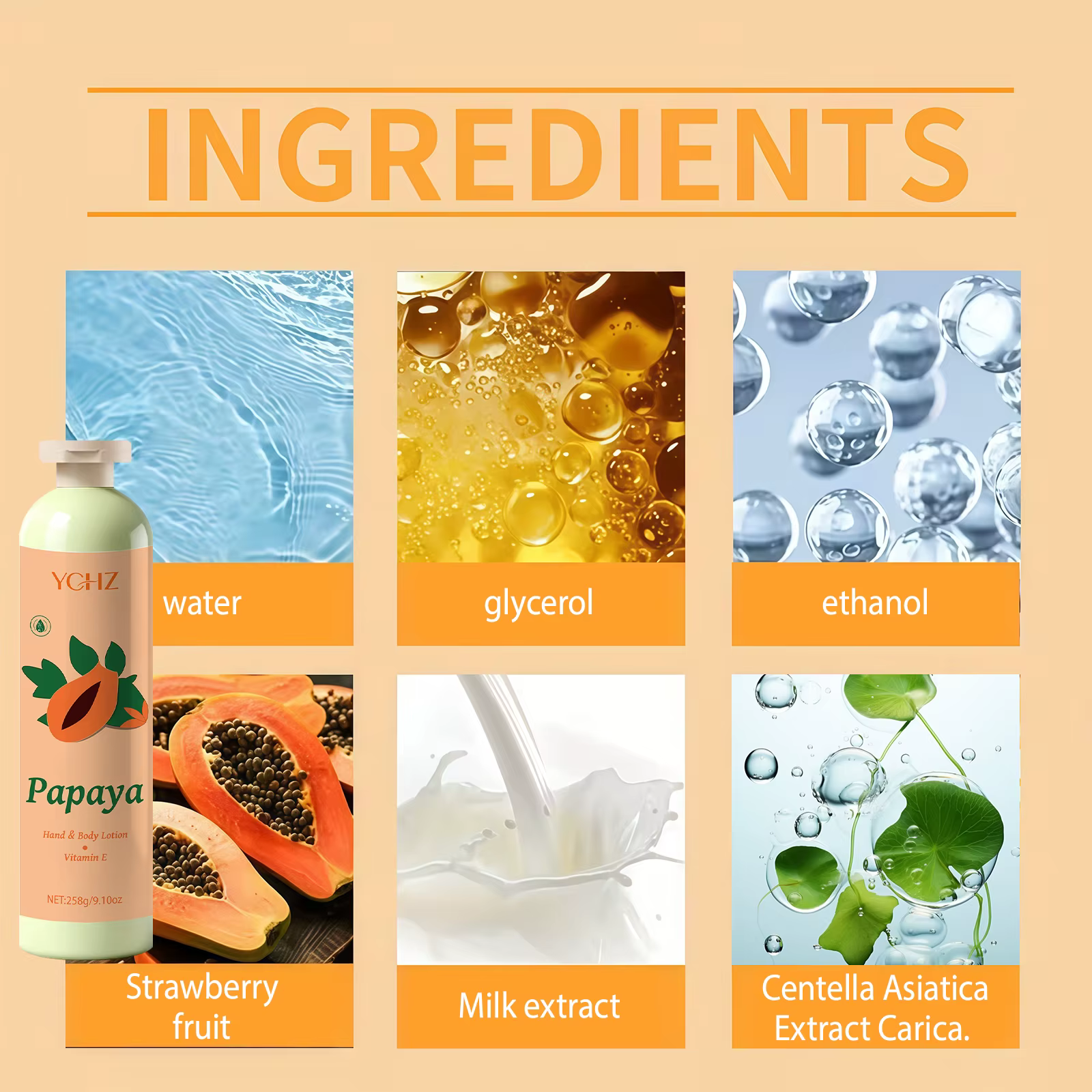 Lotion hydratante pour la peau à l'extrait de papaye et à la vitamine E