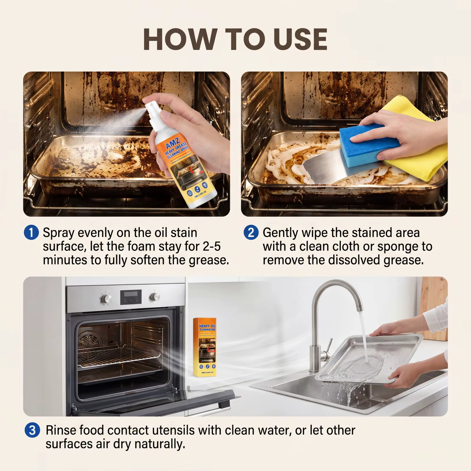Spray Nettoyant Dégraissant Puissant pour Cuisine - Éliminateur d'Huile Tenace pour Four, Hotte et Cuisinière - Dégraissant Multi-Surfaces à Action Rapide 50ml
