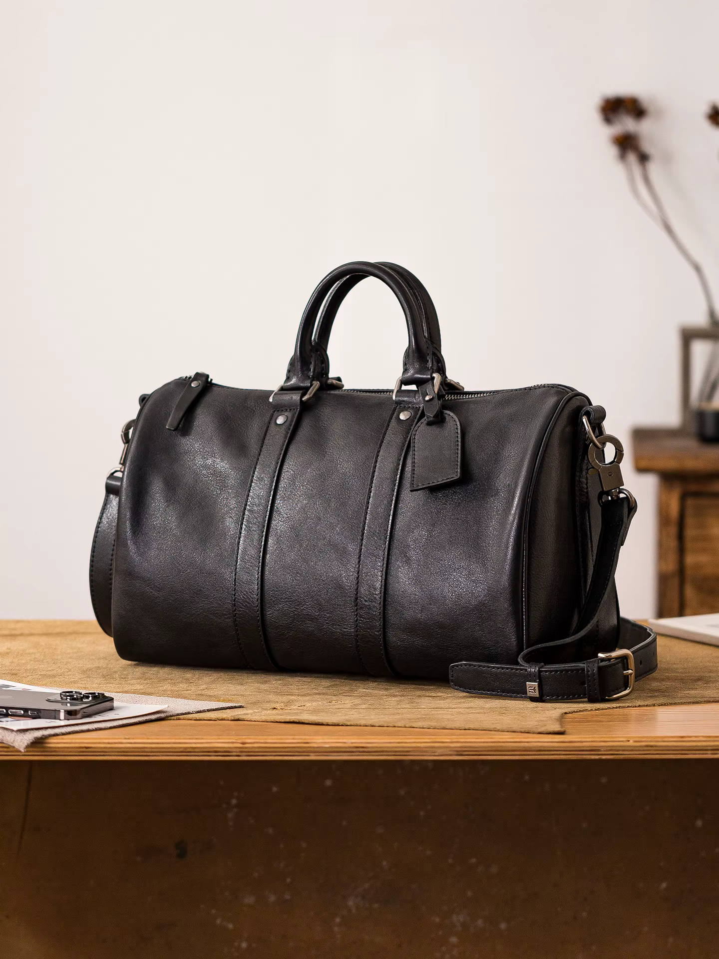 week-end en plein air fait à la main de luxe en cuir véritable hommes sac à bandoulière noir mode décontracté concepteur en cuir de vache grand sac à main noir