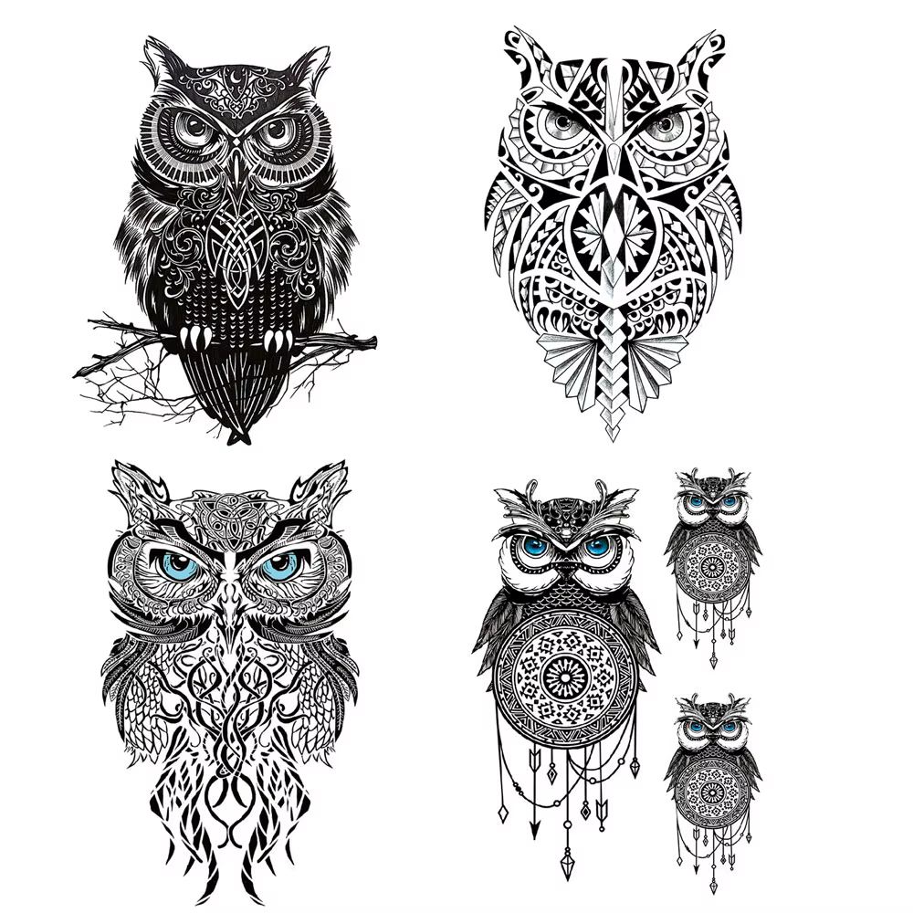 Tatouages temporaires hommes hibou noir tatouage autocollant pour main bras manches Animal faux tatouage pour femmes transfert étanche Tatoo