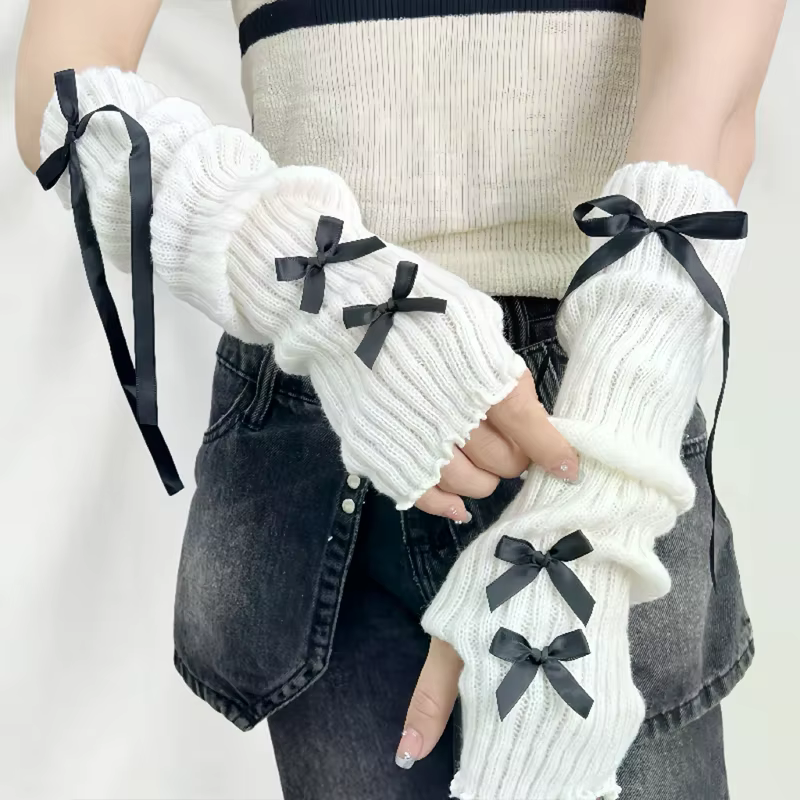 Manchons à main avec nœud papillon pour femmes, gants demi-doigt tricotés en ruban de laine, manches de bras de Style Ballet à la mode