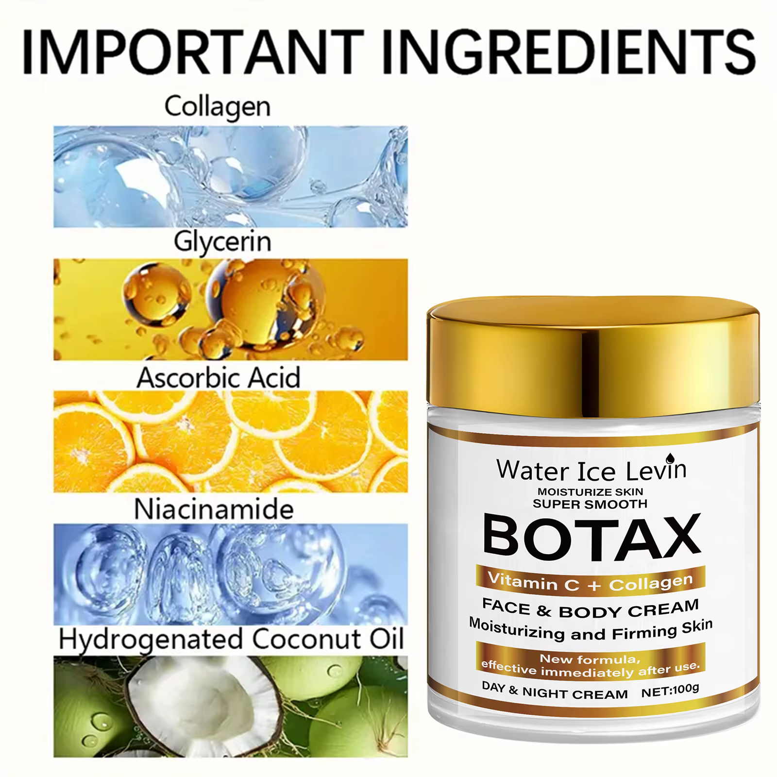 Crème Water Ice Levin BOTAX : Vitamine C + Hydratant visage et corps au collagène pour raffermir et peaux super lisses. Utilisation jour/nuit