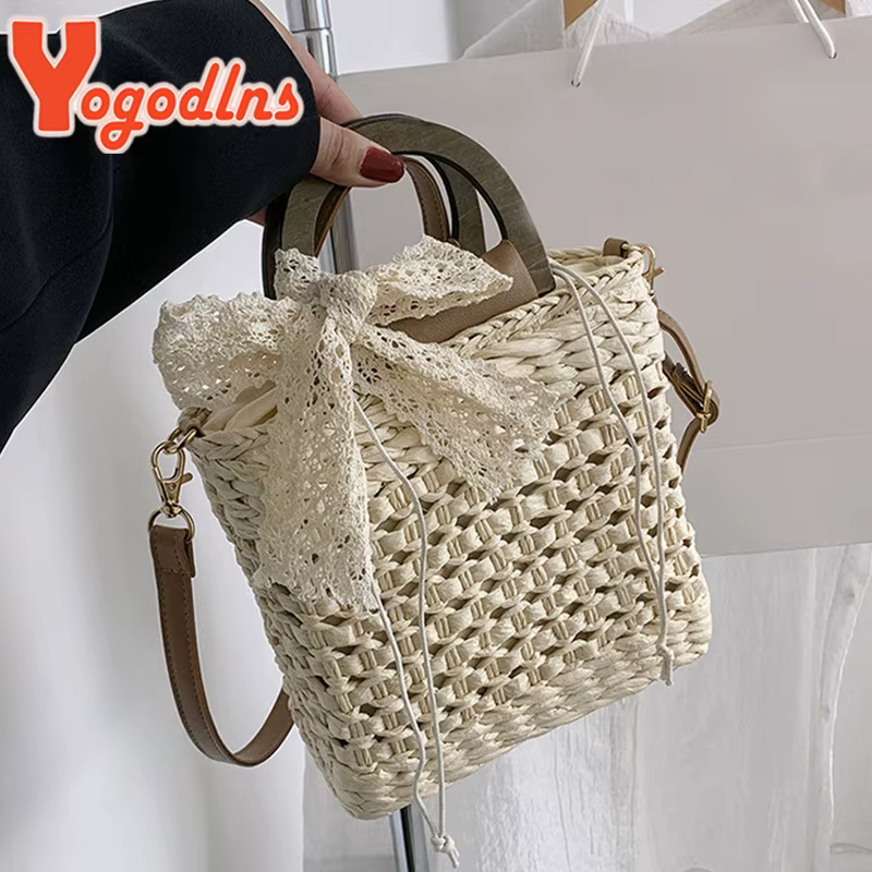 Sac à main en paille tissé à la main pour femmes, petit sac carré, forme de dentelle, nœud en rotin, capacité décontractée, plage initiée, sac à bandoulière