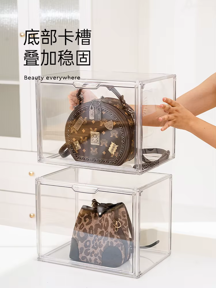 Boîte de rangement de sac à main en acrylique transparent pour femme, vitrine de nettoyage, sacs de luxe, sac à main, T1