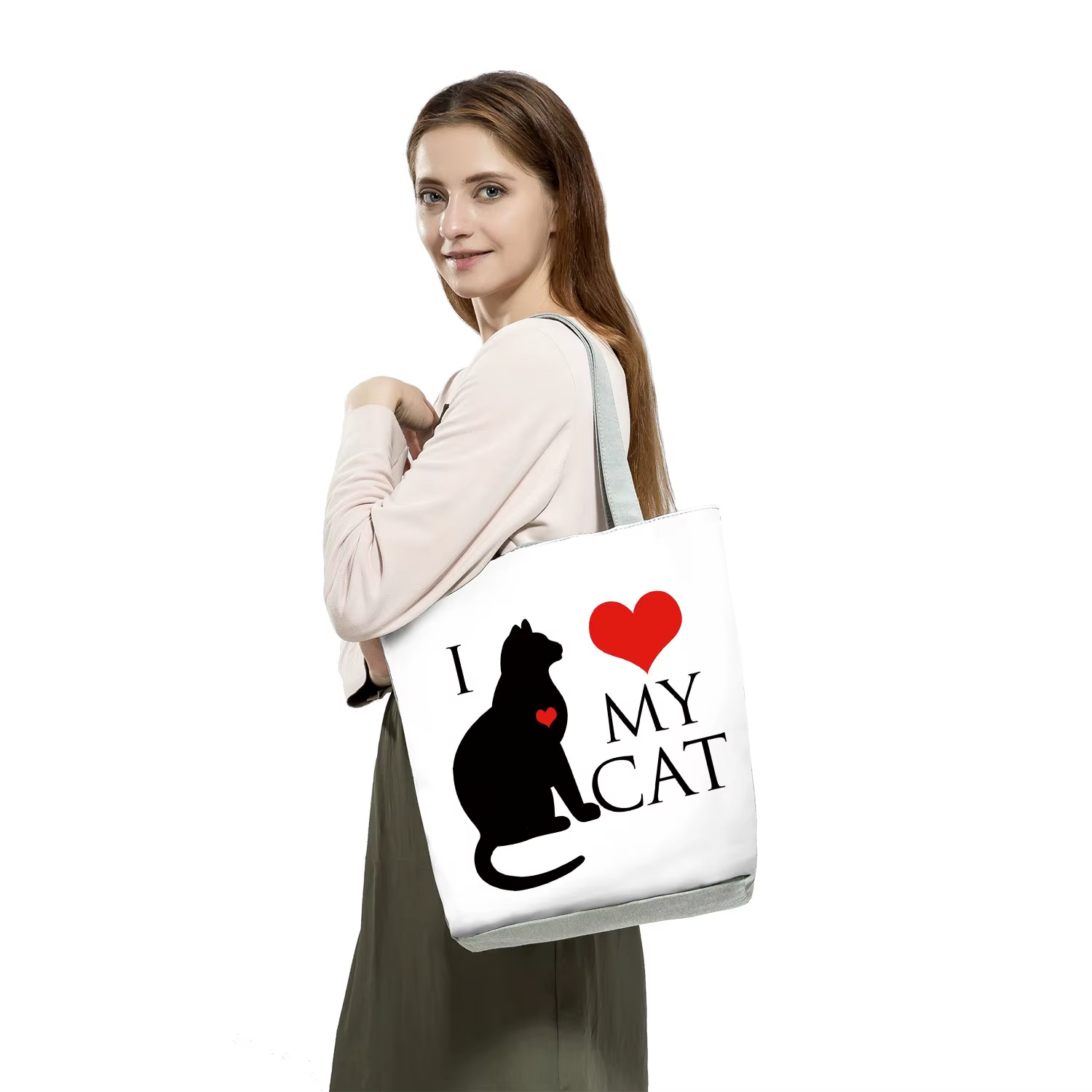 Handbgas Cute Black I Love Cat Painting for Women, Designer Tote, Animal Graphic Cuillère à soupe, Sacs de shopping réutilisables, Pliable, Mode